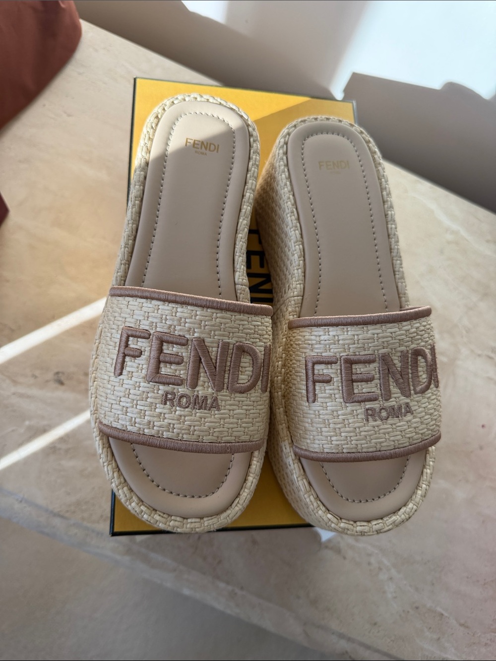 Fendi Beige Raffia Logo Slide Mules - Picture 8 of 8